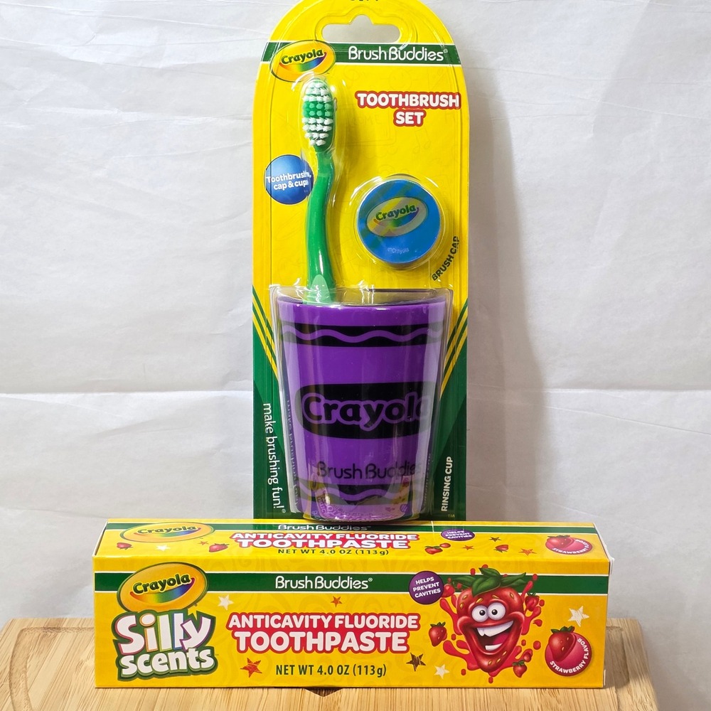 Crayola Brush Buddies Kids Toothbrush Set Purple Cup & Strawberry Toothpaste New